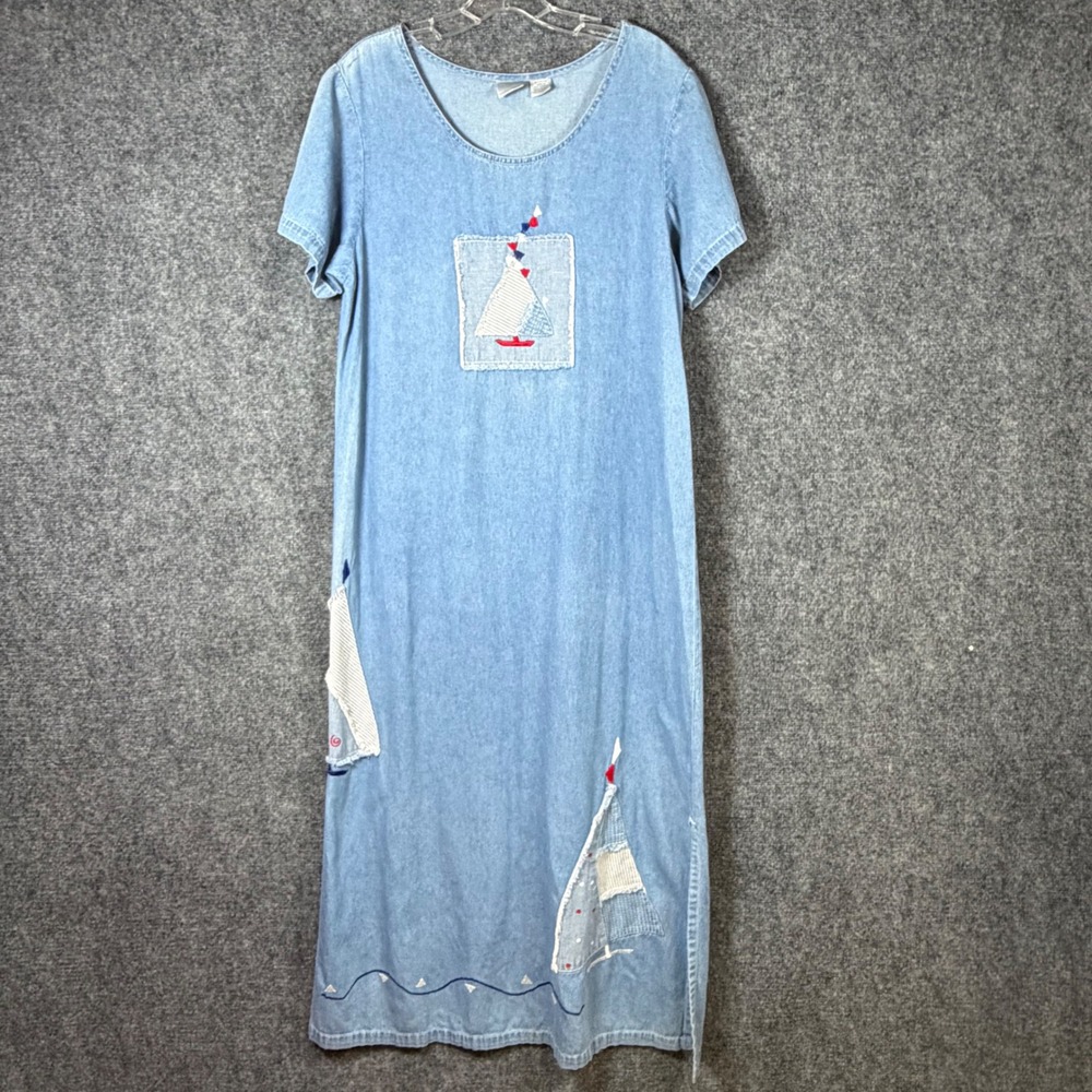 Vintage Bleu Bayou Denim Maxi Dress Women Medium Blue Nautical Patchwork Slit